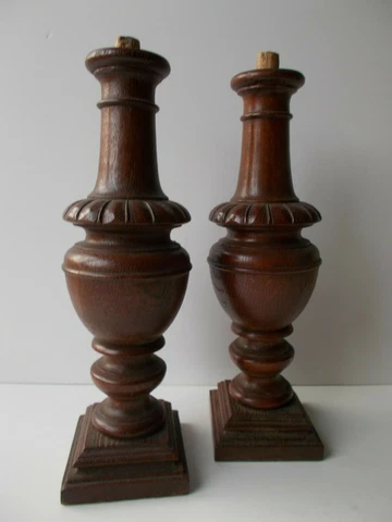 Architectural French Antique Pair Carved Oak Wood Columns Trim Posts Pillars Cover