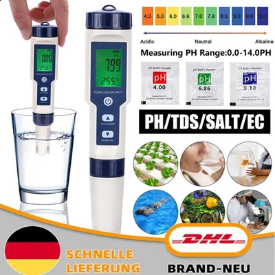 MARKENLOS 5in1 Digital Messgerät PH/EC/TEMP/SALT/TDS Tester Pen Trinkwasser Prüfer NEU