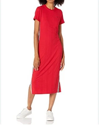 Tommy Hilfiger Women's Short-sleeve Midi T-Shirt Dress - Red White Sz Medium NWT - Image 1 of 4