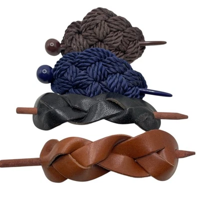 Leather Hair Barrettes with Stick Chinese Style Woven Ponytail Holders  4 - Image 1 of 4