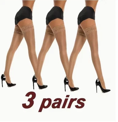 3x Elegantes Medias de Albaricoque Tostado Encaje Ribete Transparente Muslo Alto Elástico Talla Única Foto 1 de 4