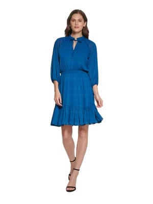 DKNY Womens Blue Tie Waist Lined Pullover 3/4 Sleeve Split Fit + Flare Dress 2 - Image 1 of 4