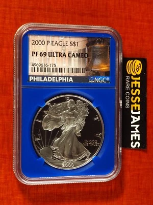 2000 P PROOF SILVER EAGLE NGC PF69 ULTRA CAMEO LIBERTY BELL LABEL BLUE CORE - Image 1 of 2
