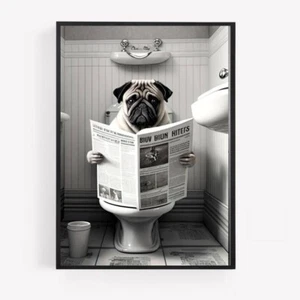 Funny bathroom pug dog on toilet Print Picture Poster Unframe A4 newspaper - Picture 1 of 1
