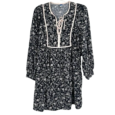 Old Navy Boho Mini Dress Black Floral Long Balloon Sleeves Lace Up Size M - Image 1 of 4