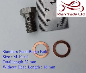 M10 x 1.0 Metric Stainless Steel Banjo Bolt 22MM Long - Picture 1 of 1