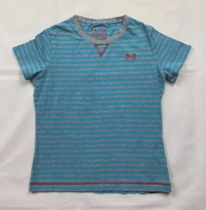 under armour girls size large tee activewear short sleeve gray and blue striped - Picture 1 of 2