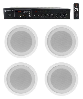 Rockville Commercial 70v Amp+(4) White 5" Ceiling Speakers 4 Restaurant/Bar/Cafe
