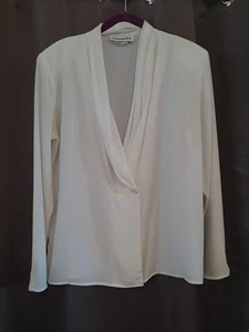70s Helene St Marie Pleated Blouse Sz 10 Shoulder Pads V-Neck Career Classic USA - Picture 1 of 13