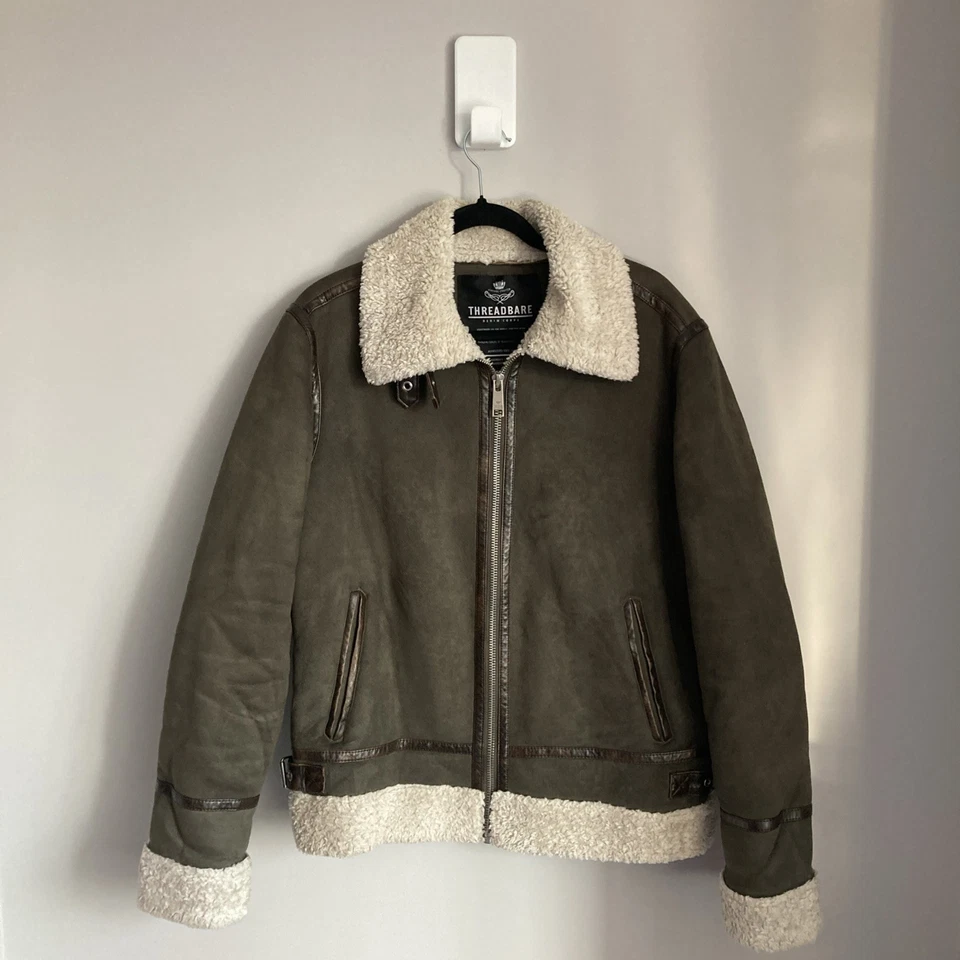 Womens Faux Suede Shearling Jacket Coat Small Aviator Green - Image 1 of 4