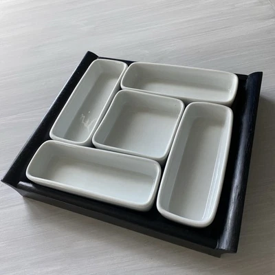 Crate and Barrel 5 White Dishes On Wooden Black Appetizer Tray~ - Image 1 of 4