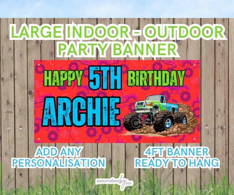 Personalised OUTDOOR BIRTHDAY Banners MONSTER TRUCK Theme 4ft Add Name - Image 1 of 1