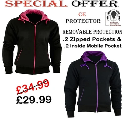 LADIES FLEECE HOODIE WOMENS REMOVABLE CE ARMOUR MOTORBIKE / MOTORCYCLE JACKET — 第 1/4 张图片