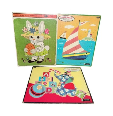 🧩🐰 Whitman Vintage Tray Puzzle Lot of 3 Bunny Boat Plaid Elephant 1970s VTG - Image 1 of 4