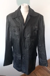 VTG  mens 70's  BLACK LEATHER 4 POCKET SAFARI JACKET BLAZER 44" Indie retro  - Picture 1 of 18