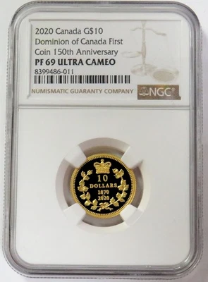 2020 GOLD 1000 MINTED CANADA $10 DOMINION FIRST ANNIVERSARY 1/4oz NGC PF 69UC - Image 1 of 2