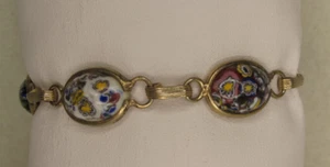 VTG-Bracelet Murano STYLE-Gold Toned-Art Glass Beads-Multi Color-Red Blue White - Picture 1 of 8