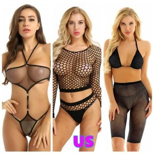 Sexy Netzbody Babydoll Crop Top + Höschen Nachtwäsche Aushöhlen Clubwear - Bild 1 von 35