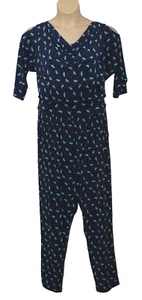 Kim & Co Womens Jumpsuit size 2XL Pockets Drape Front Small Cold Shldr Navy Aqua - Picture 1 of 5