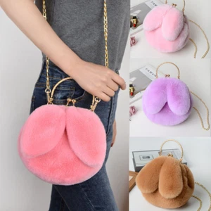 Women Rabbit Ears Faux Fur Handbag Cute Crossbody Shoulder Bag Furry Fluffy - Picture 1 of 26