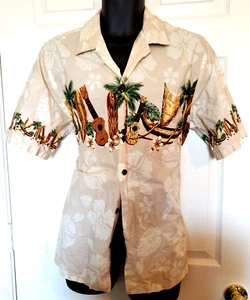 Vintage Hawaiian Reserve Mens Large Beige Ukulele Surfing Print Hawaiian Shirt - Picture 1 of 5