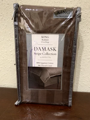Wamsutta Damask Stripe King Bed Skirt Brown 15" Drop Egyptian Cotton 500 Thread - Image 1 of 4