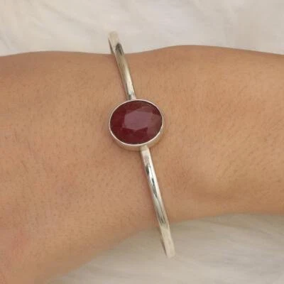 Ruby Corundum Bangle 925 Solid Silver Handmade Women Cuff Bracelet Jewelry #030 - Image 1 of 3