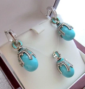 TÜRKIS OHRRINGE & ANHÄNGER SET HANDARBEIT RUSSISCH MASSIV STERLINGSILBER 925  - Bild 1 von 10