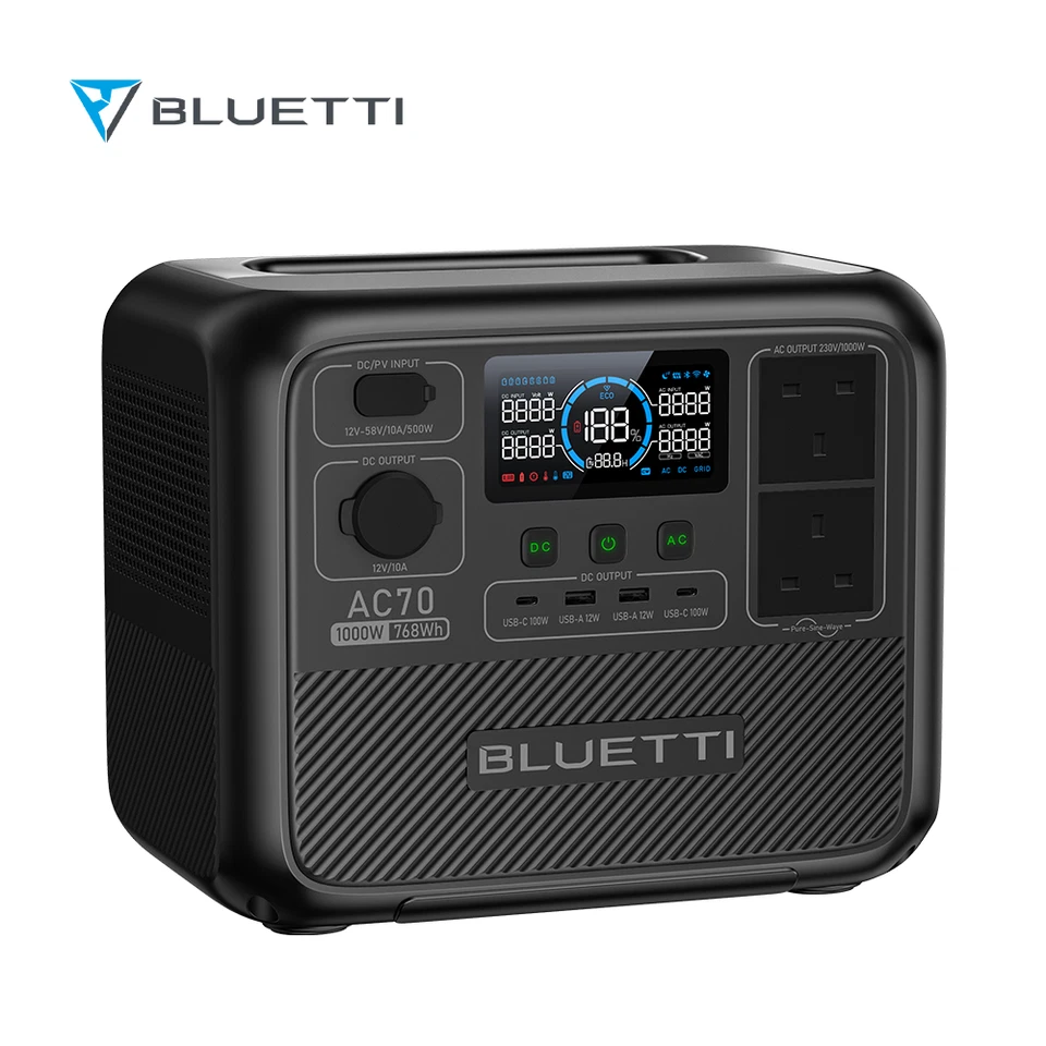 BLUETTI AC70 768Wh 1000W Portable Power Station Solar Generator for Camping RV