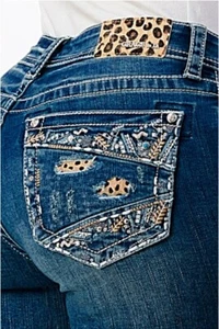 Grace in LA Women's Leopard Insert Embroidered Distressted Bootcut Stretch Jeans - Picture 1 of 3