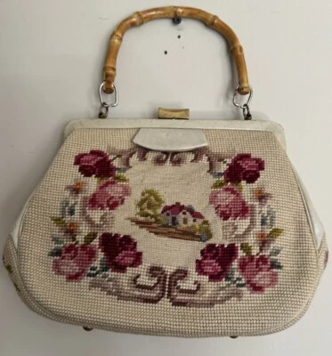Bolso sin asas retro vintage de tapiz GrandmaCore años 50 hecho a mano con aguja floral Foto 1 de 4