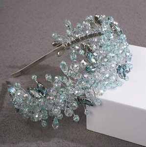 Mint Green Crystal Headband Tiara Rhinestone Bridal Hairpiece Hair Accessories - Picture 1 of 4