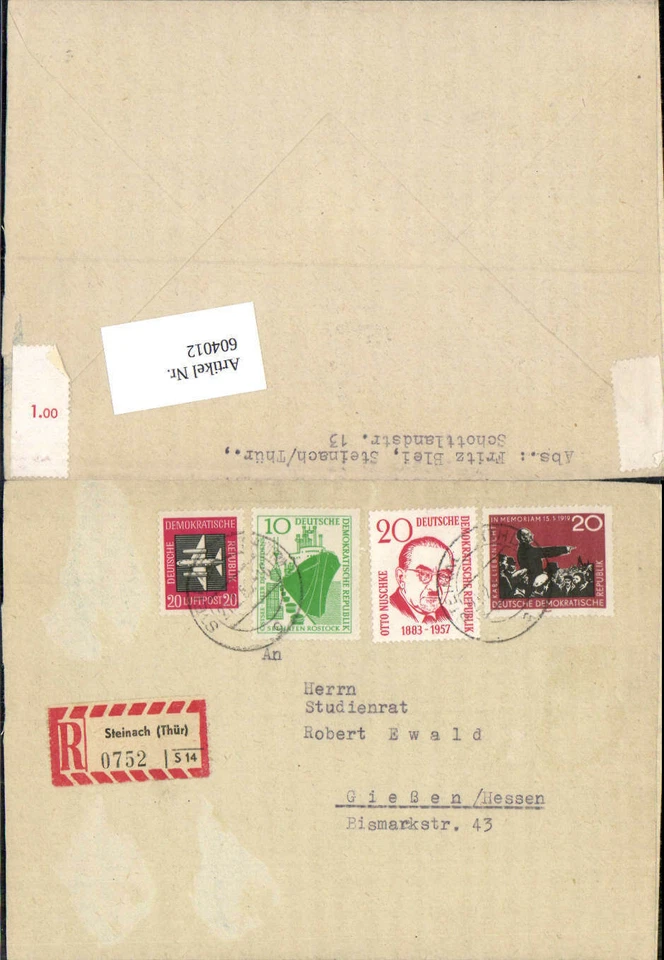 604012,Reco Einschreiben Steinach Thüringen 0752 n. Gießen Hessen 195X - Bild 1 von 1