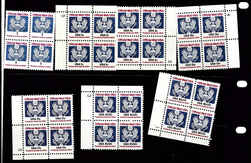 B68 USA Officials to $5  plate blocks (except 1 cent) MNH below face - Image 1 of 1