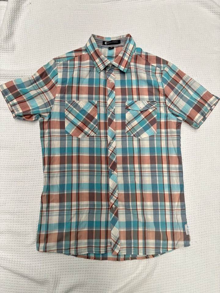 Billabong Shirt Men's M Blue  Red Plaid Cotton Button Up Short Sleeve Casual - Image 1 of 4