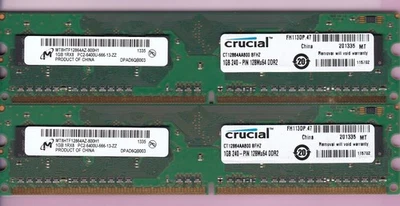 2GB 2x1GB PC2-6400 DDR2-800 CRUCIAL CT12864AA800.8FHZ MICRON Desktop Memory Kit - Image 1 of 4