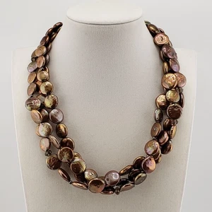Freshwater Pearl Necklace 3 Strand Disk Shapes Earthy Brown Colors Elegant Boho - Picture 1 of 9