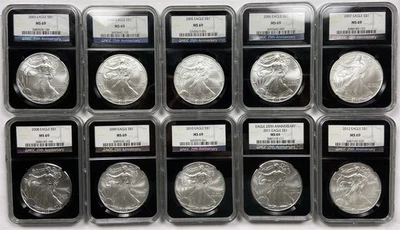 Lot 10 Mix Date 2003-2012 Silver Eagle $1 MS69 NGC *Black Retro Slab* 25th Anniv - Image 1 of 2