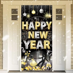 Feliz Año Nuevo Cubierta de Puerta, Decoraciones de Año Nuevo 2026 Banner Negro Dorado Año Nuevo E... - Imagen 1 de 7