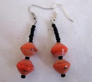 2 1/2" 2 Bead Dangle Earrings Pumpkin Orange Recycled Paper Bead Silver Wires - Picture 1 of 2
