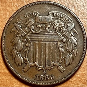 1869 2-Cent Piece - VF/XF - “WE” Present In Motto - Set Collection Lot Break - Picture 1 of 2
