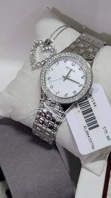 Bulova Women's Quartz Crystal Accents Silver Watch Perfume Set 33MM 96X144 - Image 1 of 4