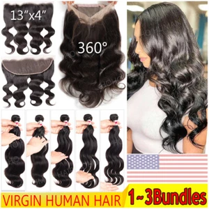 8A Peruvian Virgin Human Hair 360° Lace Frontal Closure Weave 3Bundles Body Wave - Picture 1 of 25