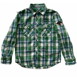 H and M Shirt Boys size 7 Green Plaid Retro Snap Up Patches Cabincore Casual - Picture 1 of 8