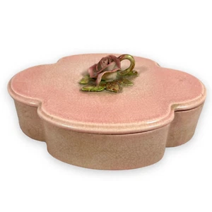 Vintage Robertson Hollywood Pottery Crackle Ceramic Box Rose Handle Glazed Pink - Picture 1 of 11