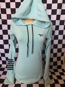 NEW Victoria's Secret PINK Logo Sport AQUA Hoodie TURQUOISE Shirt THUMBHOLE sz S - Picture 1 of 14