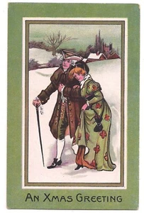 AN XMAS GREETING Christmas Card COLD COUPLE Walking in Snow Tricone Postcard DB - Picture 1 of 2