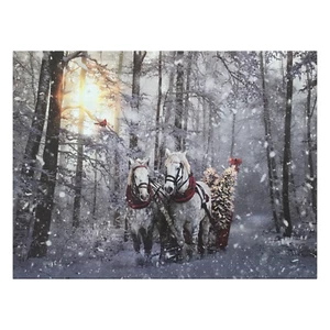 Horse Drawn Sleigh LED Canvas Print Snowy Winter Scene Light Up Wall Art #2679 - Picture 1 of 6