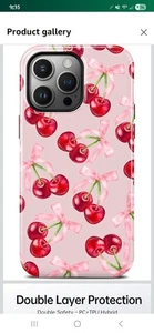 Compatible with iPhone 15 Pro Max Case, Cute Pink Cherry Bow Pattern Glossy  - Picture 1 of 5