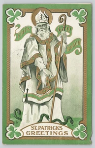 Postal Erin Go Bragh - Saludos del Día de San Patricio - Bastón y Serpiente - Repujado - Imagen 1 de 3